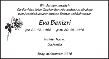 Traueranzeige von Eva Benizri von Trauerportal Rhein Main Presse