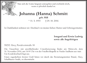 Traueranzeige von Johanna  Schmitt von Trauerportal Rhein Main Presse