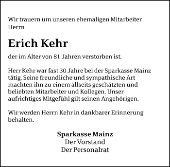 Traueranzeige von Erich Kehr von Trauerportal Rhein Main Presse