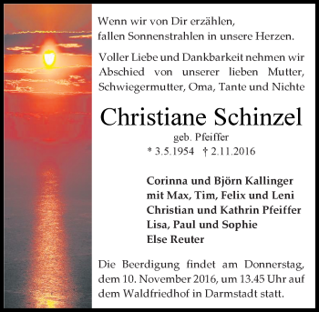 Traueranzeige von Christiane Schinzel von Trauerportal Echo Online