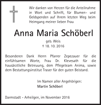 Traueranzeige von Anna Maria Schöberl von Trauerportal Echo Online