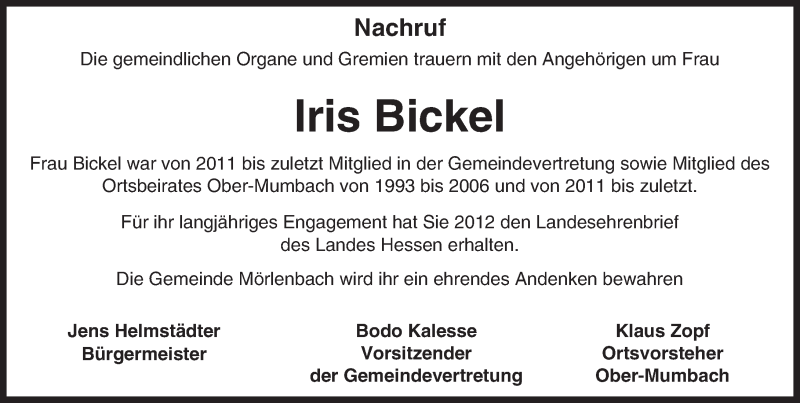  Traueranzeige für Iris Bickel vom 22.11.2016 aus Trauerportal Echo Online