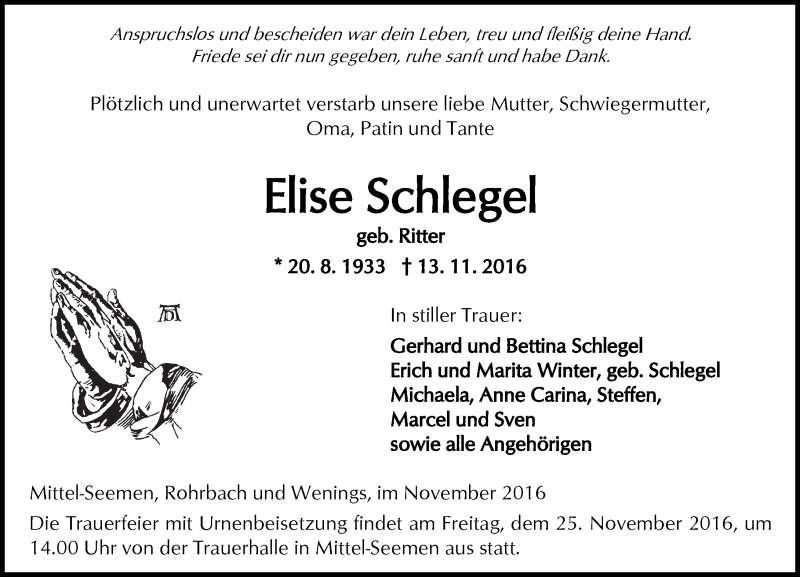  Traueranzeige für Elise Schlegel vom 19.11.2016 aus  Kreisanzeiger