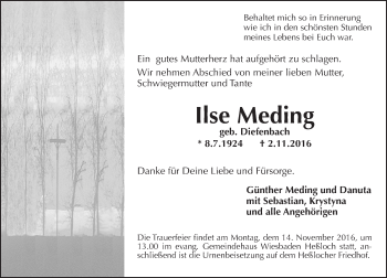 Traueranzeige von Ilse Meding von Trauerportal Rhein Main Presse