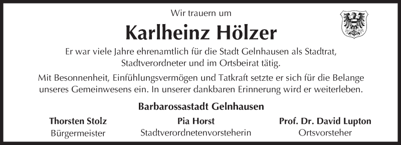  Traueranzeige für Karlheinz Hölzer vom 15.11.2016 aus  Gelnhäuser Tageblatt