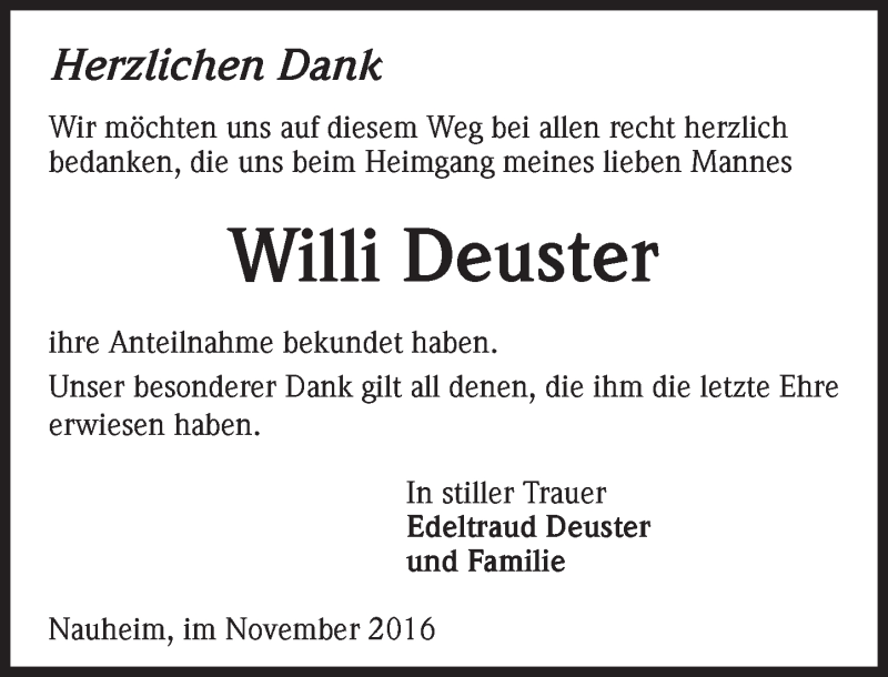  Traueranzeige für Willi Deuster vom 19.11.2016 aus Trauerportal Echo Online