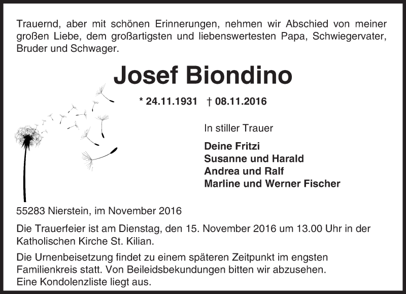  Traueranzeige für Josef Biondino vom 10.11.2016 aus Trauerportal Rhein Main Presse