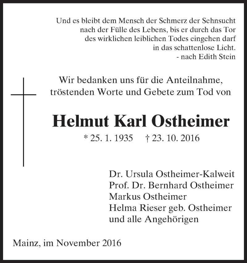  Traueranzeige für Helmut Karl Ostheimer vom 26.11.2016 aus Trauerportal Rhein Main Presse