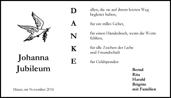 Traueranzeige von Johanna Jubileum von Trauerportal Rhein Main Presse
