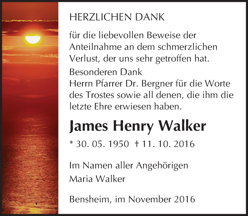  Traueranzeige für James Henry Walker vom 05.11.2016 aus Trauerportal Echo Online