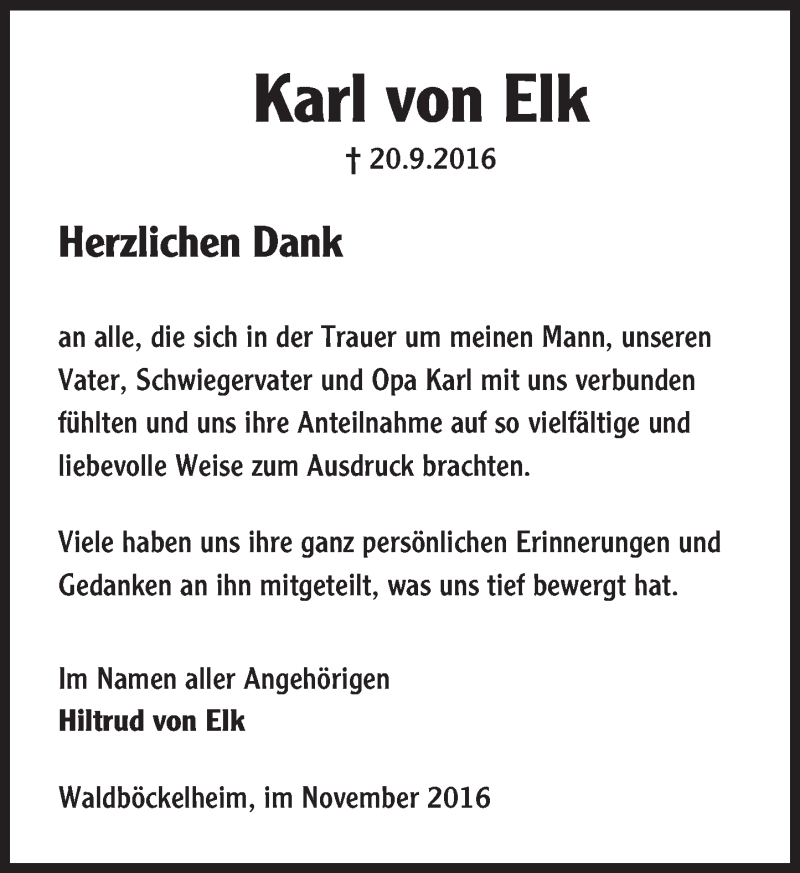  Traueranzeige für Karl  von Elk vom 05.11.2016 aus Trauerportal Rhein Main Presse