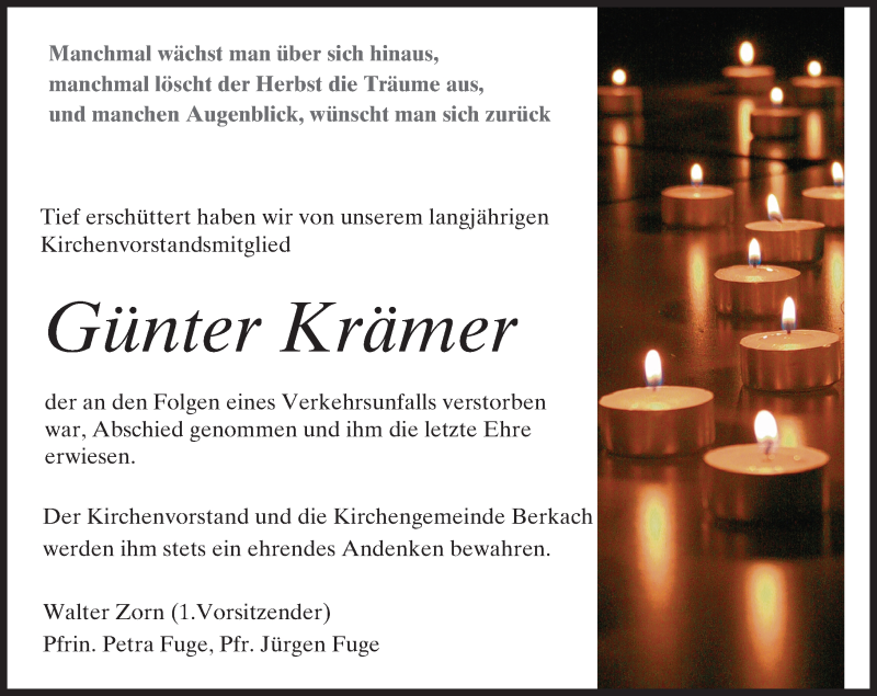  Traueranzeige für Günter Krämer vom 07.11.2016 aus Trauerportal Echo Online