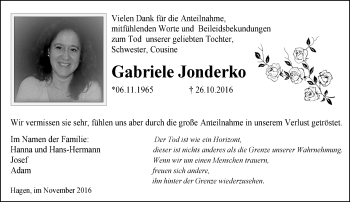 Traueranzeige von Gabriele Jonderko von Trauerportal Rhein Main Presse