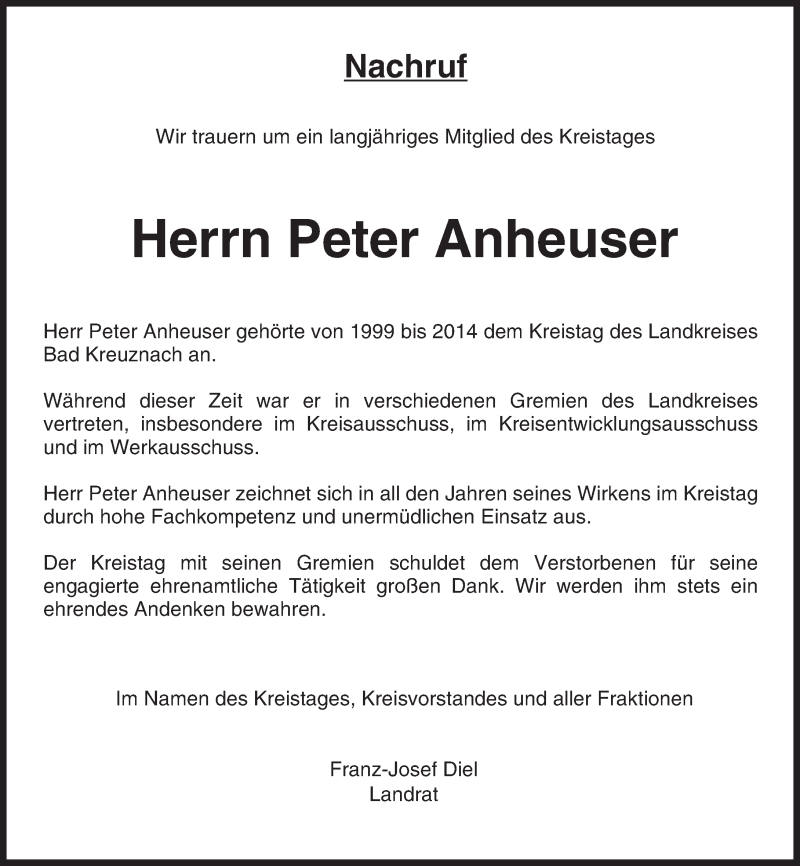  Traueranzeige für Peter Anheuser vom 08.11.2016 aus Trauerportal Rhein Main Presse