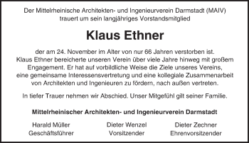 Traueranzeige von Klaus Ethner von Trauerportal Echo Online