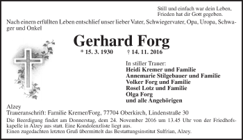 Traueranzeige von Gerhard Forg von Trauerportal Rhein Main Presse