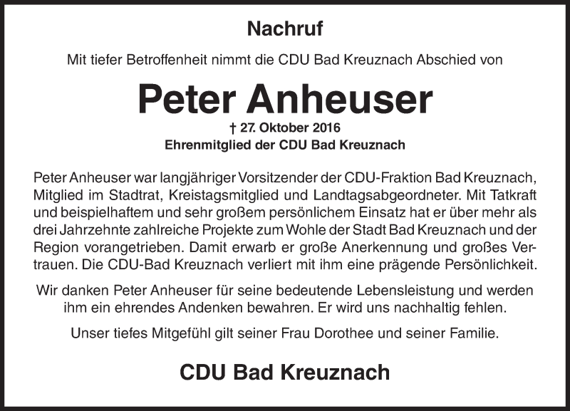  Traueranzeige für Peter Anheuser vom 05.11.2016 aus Trauerportal Rhein Main Presse