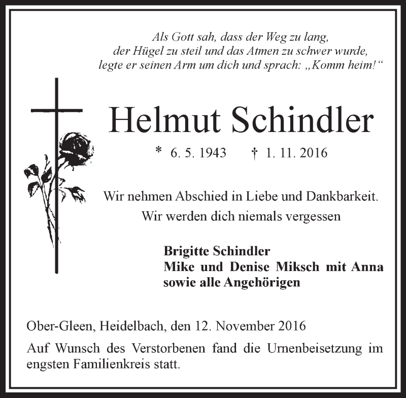  Traueranzeige für Helmut Schindler vom 12.11.2016 aus VRM Trauer