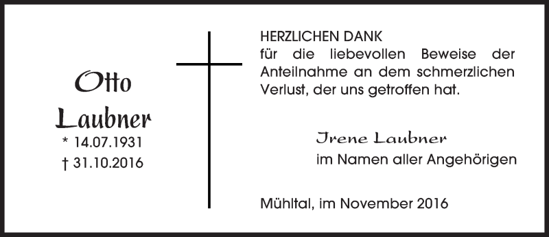  Traueranzeige für Otto Laubner vom 26.11.2016 aus Trauerportal Rhein Main Presse