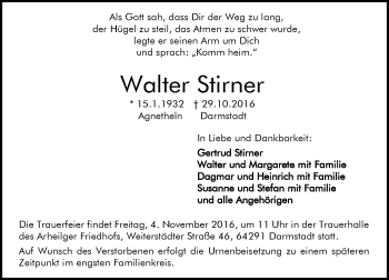 Traueranzeige von Walter Stirner von Trauerportal Echo Online