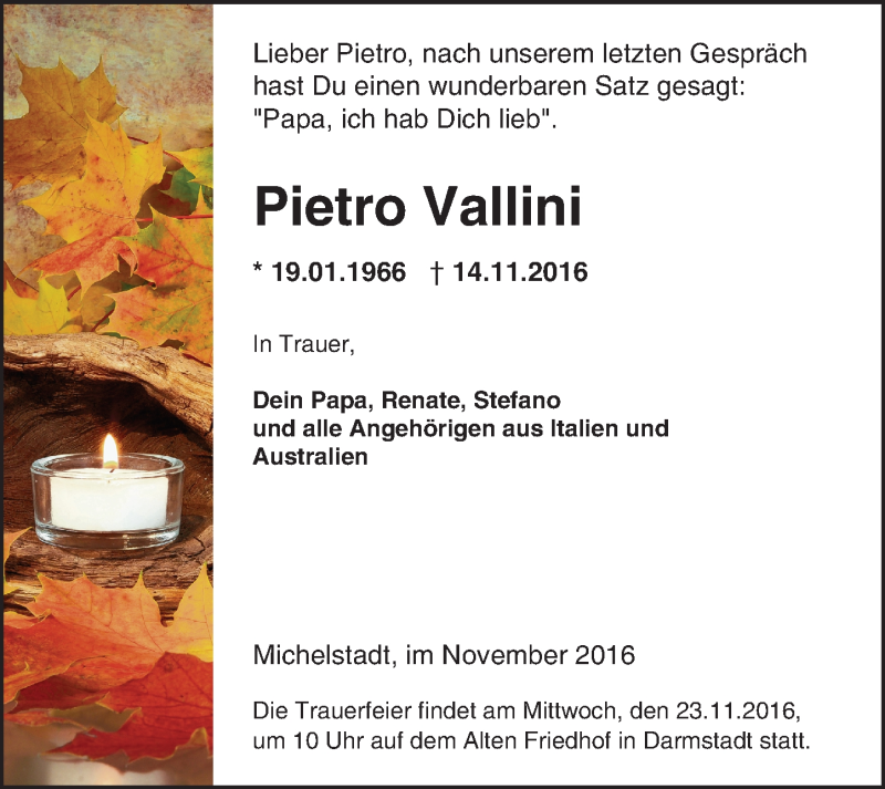 Traueranzeige für Pietro Vallini vom 23.11.2016 aus Trauerportal Rhein Main Presse