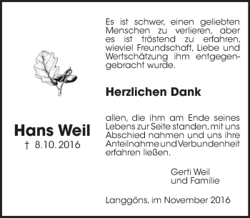 Traueranzeige von Hans Weil von  Gießener Anzeiger