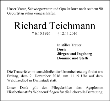 Traueranzeige von Richard Teichmann von Trauerportal Echo Online