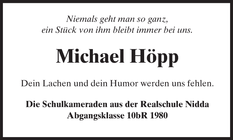  Traueranzeige für Michael Höpp vom 29.11.2016 aus  Kreisanzeiger