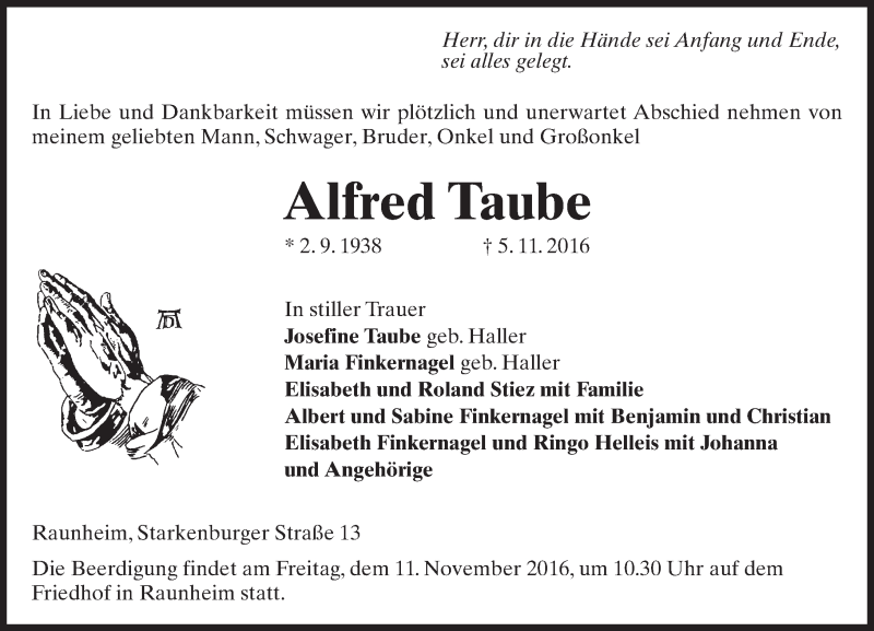  Traueranzeige für Alfred Taube vom 08.11.2016 aus Trauerportal Rhein Main Presse
