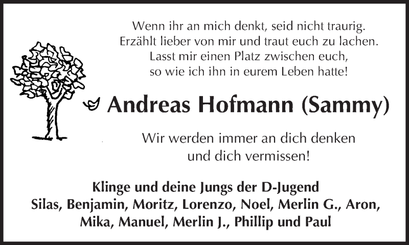  Traueranzeige für Andreas Hofmann vom 26.11.2016 aus  Kreisanzeiger