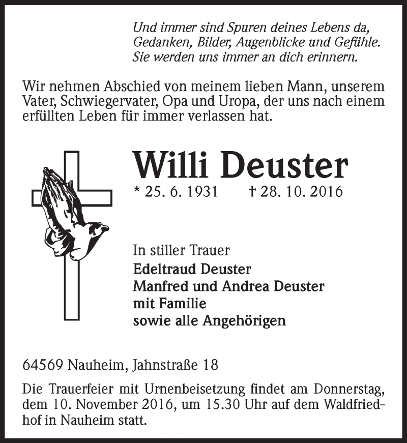  Traueranzeige für Willi Deuster vom 05.11.2016 aus Trauerportal Echo Online