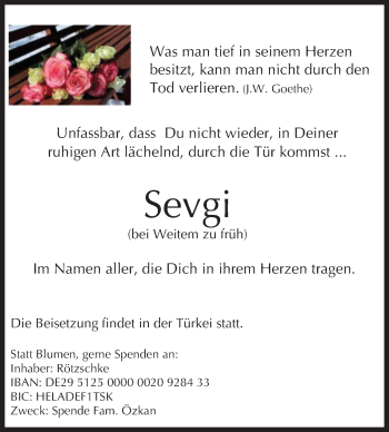 Traueranzeige von Sevgi  von  Usinger Anzeiger