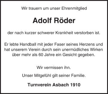 Traueranzeige von Adolf Röder von Trauerportal Echo Online