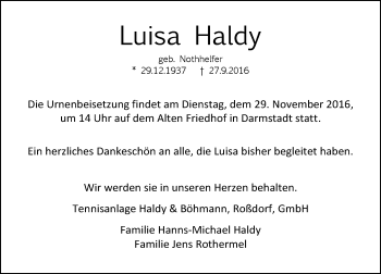 Traueranzeige von Luisa Haldy von Trauerportal Echo Online