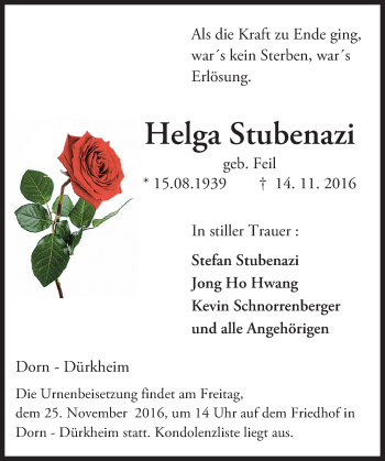 Traueranzeige von Helga Stubenazi von Trauerportal Rhein Main Presse