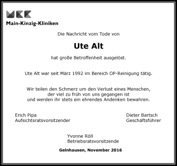 Traueranzeige von Ute Alt von  Gelnhäuser Tageblatt