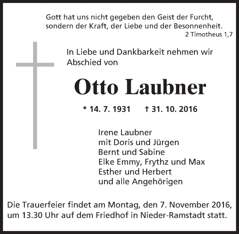  Traueranzeige für Otto Laubner vom 04.11.2016 aus Trauerportal Echo Online