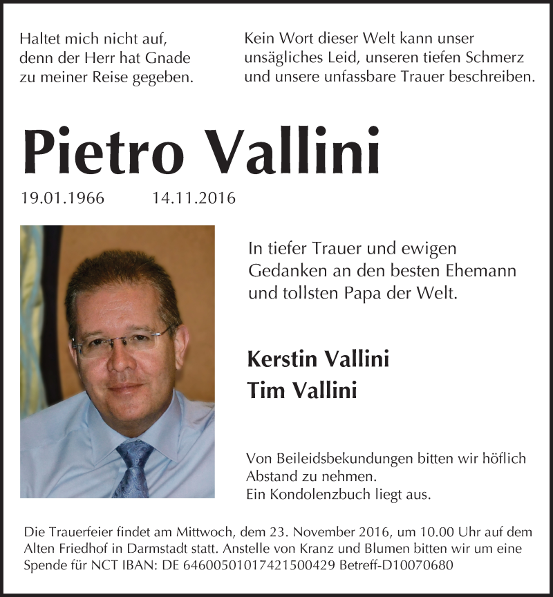  Traueranzeige für Pietro Vallini vom 19.11.2016 aus Trauerportal Echo Online