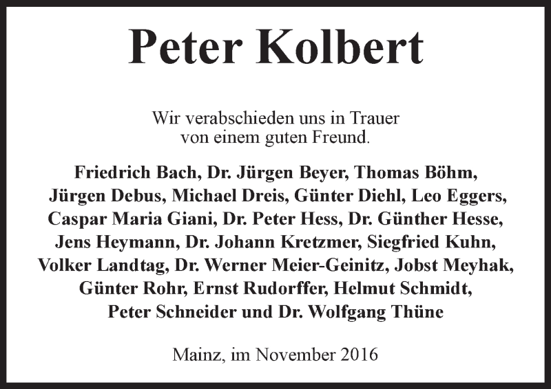  Traueranzeige für Peter Kolbert vom 15.11.2016 aus Trauerportal Rhein Main Presse