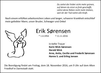 Traueranzeige von Erik Sorensen von Trauerportal Echo Online