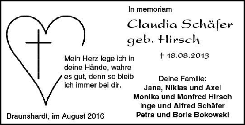  Traueranzeige für Claudia Schäfer vom 18.08.2016 aus Darmstädter Echo