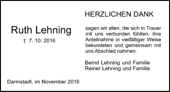 Traueranzeige von Ruth Lehning von Trauerportal Echo Online