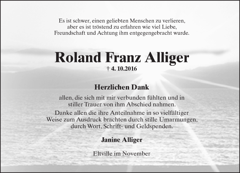  Traueranzeige für Roland Franz Alliger vom 05.11.2016 aus Trauerportal Rhein Main Presse