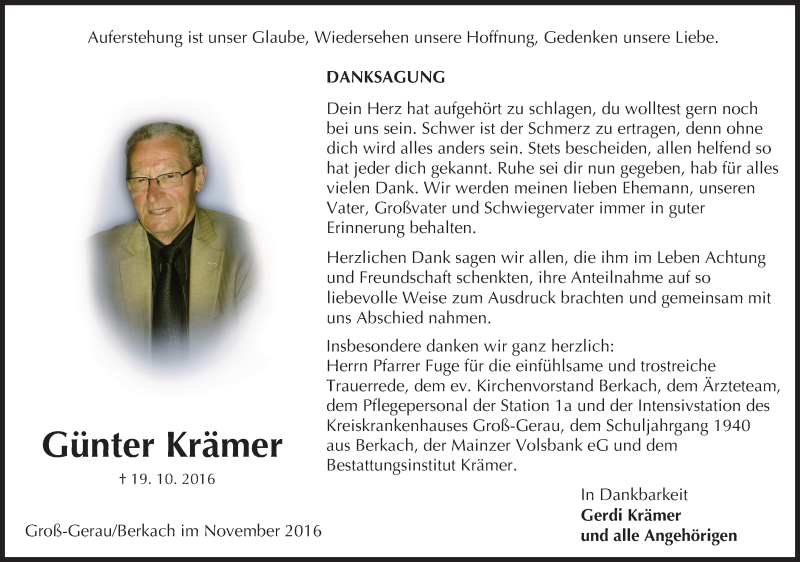  Traueranzeige für Günter Krämer vom 12.11.2016 aus Trauerportal Echo Online