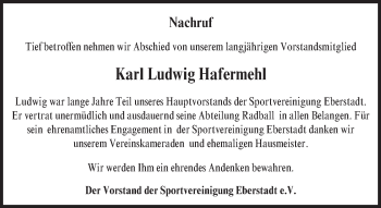 Traueranzeige von Karl Ludwig Hafermehl von Trauerportal Echo Online