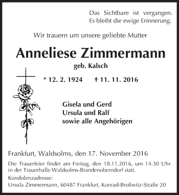 Traueranzeige von Anneliese Zimmermann von Trauerportal Rhein Main Presse