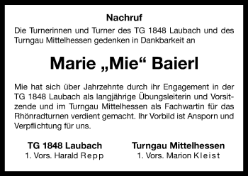 Traueranzeige von Marie Baierl von  Kreisanzeiger