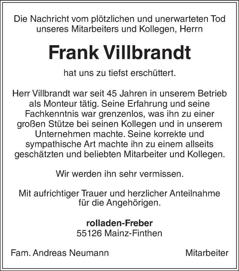  Traueranzeige für Frank Villbrandt vom 02.11.2016 aus Trauerportal Rhein Main Presse