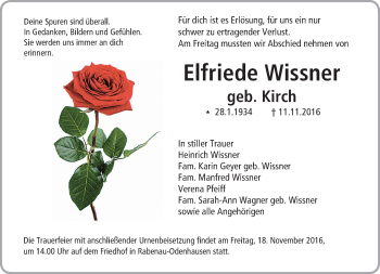 Traueranzeige von Elfriede Wissner von  Gießener Anzeiger