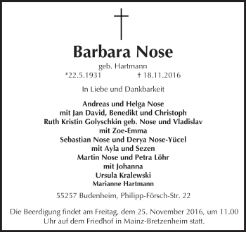 Traueranzeige von Barbara Nose von Trauerportal Rhein Main Presse